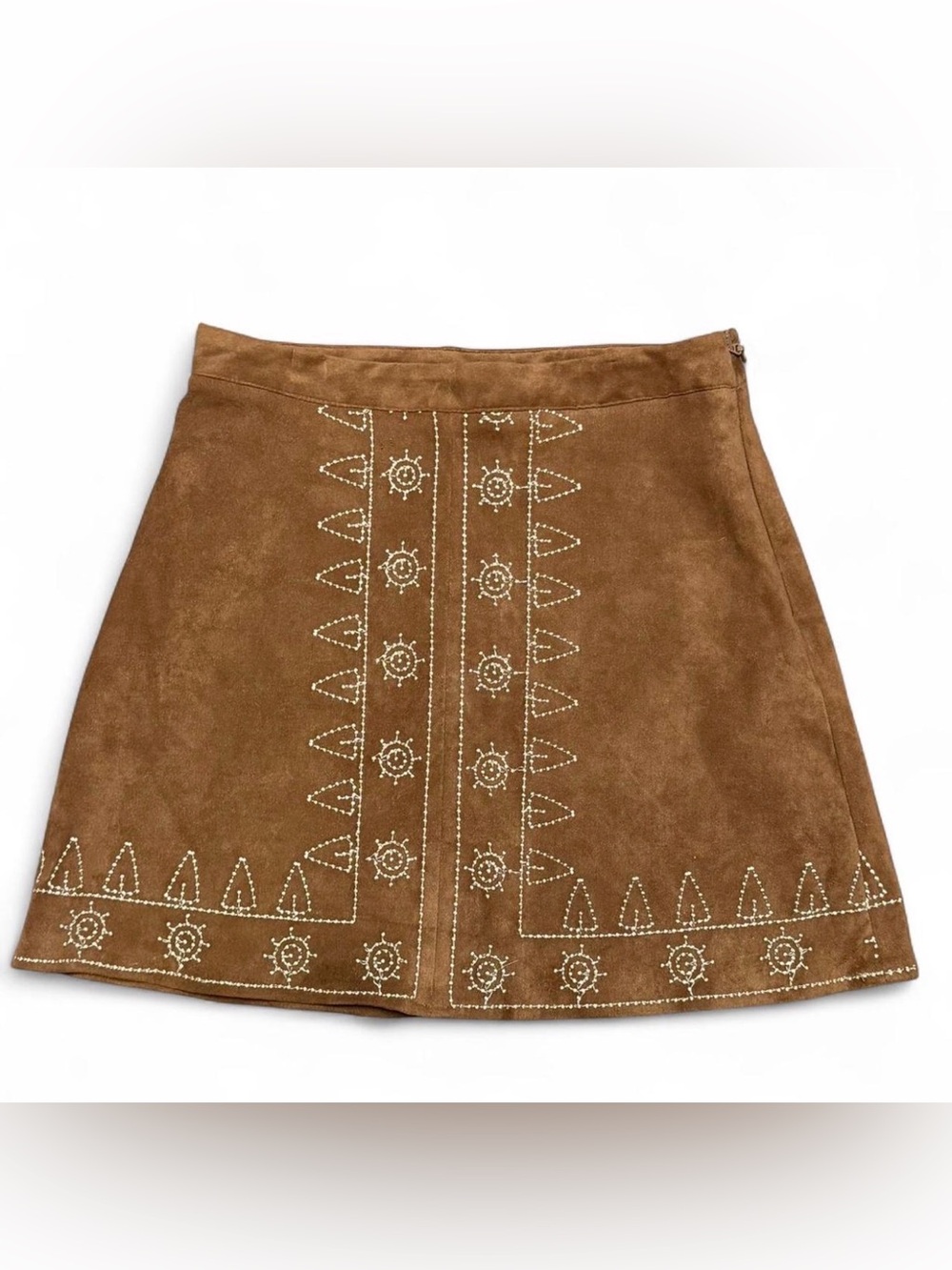 Brown Faux Suede Embroidered A-Line Skirt